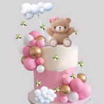 Set 33 Toppere 3D pentru Tort cu Urs Roz, Bile, Nori și Stele Set complet decoratiuni toppere 3d tort urs roz bile aurii si nori pufosi