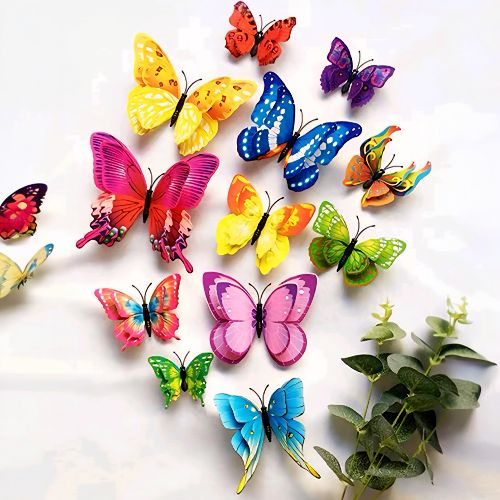 Set 12 Fluturi 3D Decorativi Multicolori (Magnet & Adeziv)  Set de 12 fluturi 3D decorativi in culori vibrante de roz