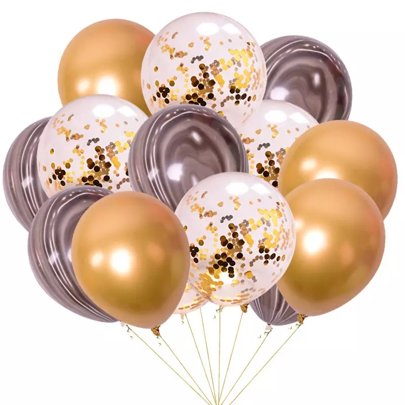 SET 15 BALOANE LATEX AURIU CHROME , NEGRU MARMORAT SI TRANSPARENTE CU CONFETTI AURII- 30 CM