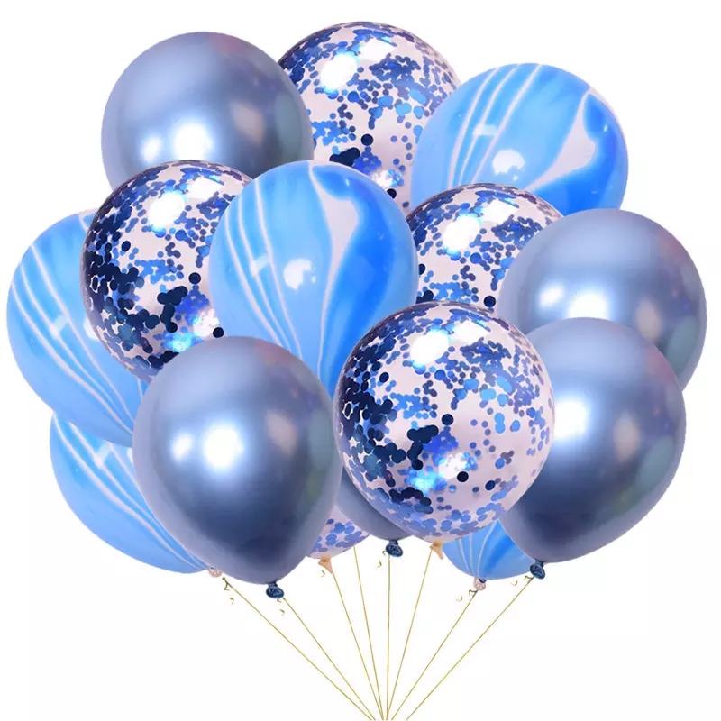 SET 15 BALOANE LATEX ALBASTRU CU CONFETTI - 30 CM