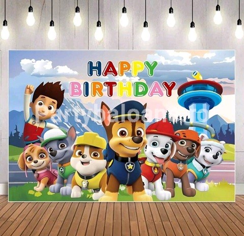 BACKGROUND TEXTIL PENTRU ARANJAMENT ARCADA PATRULA CATELUSILOR COD 509 Background textil pentru arcada petrecere copii cu personajele din Patrula Catelusilor si textul Happy Birthday