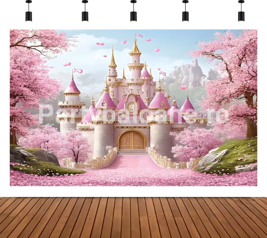 Fundal Foto Castel de Basm – Decor Flori Cireș Fundal foto textil petrecere tema castel de poveste roz