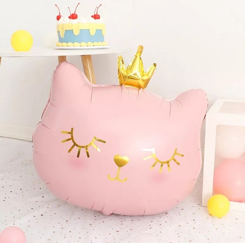 BALON FOLIE PISICA ROZ CU CORONITA AURIE