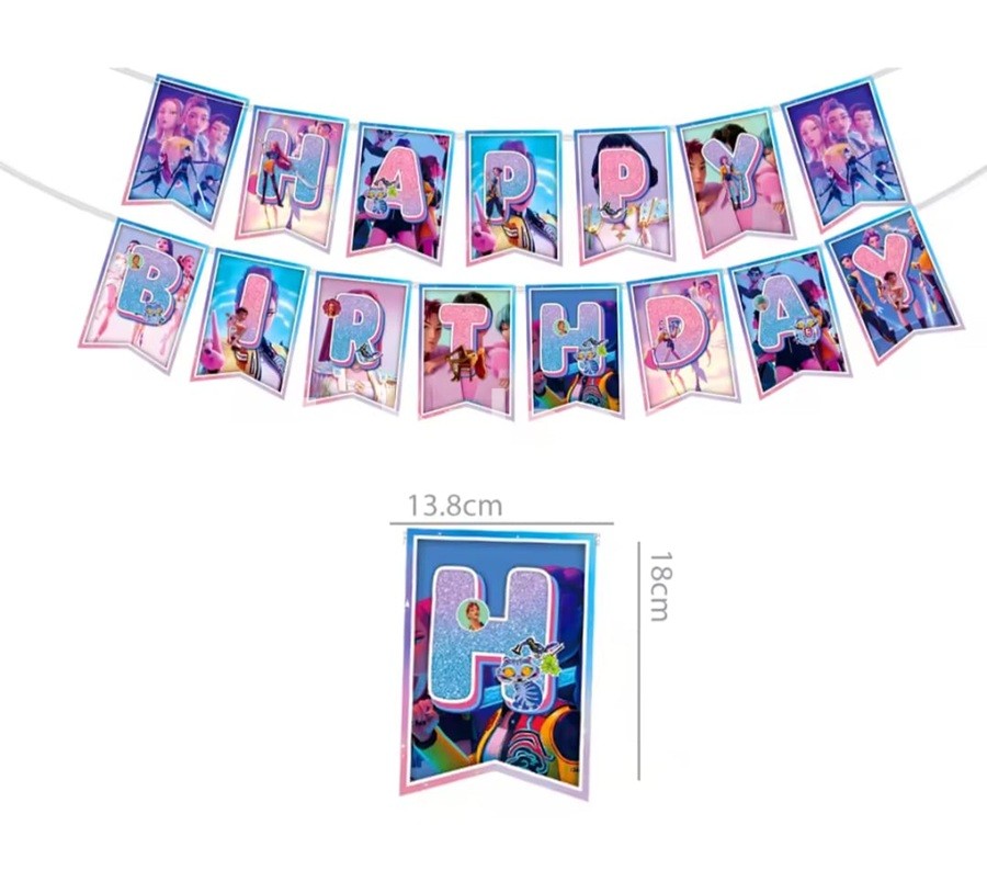 Banner Happy Birthday Kpop Demon Hunters – Decor Petrecere 2m Banner ghirlandă Happy Birthday cu tematica Kpop Demon Hunters