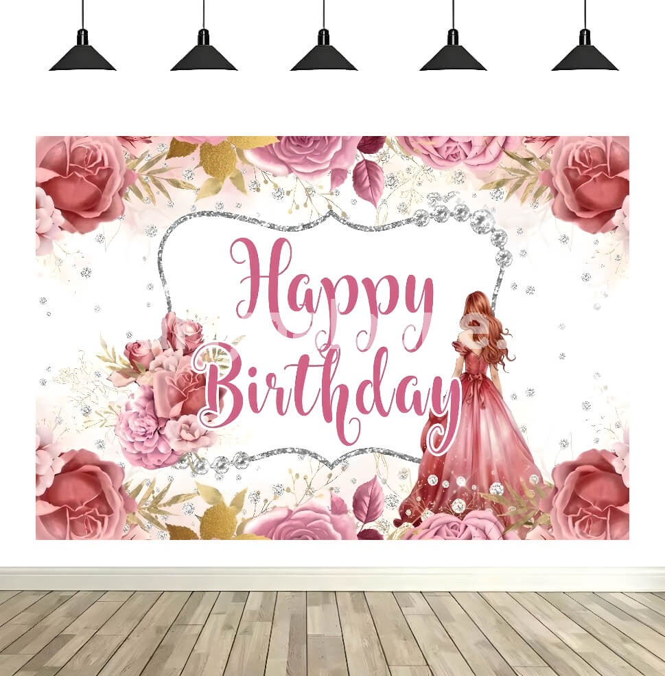 Background Textil Arcadă Happy Birthday – Decor Trandafiri 160x100 (639B) Background textil pentru aranjament arcada cu text Happy Birthday