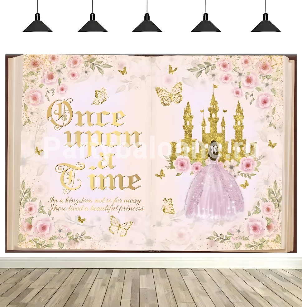 Background Textil Arcadă Once Upon a Time – Decor Poveste 160x100 (641B) Background textil pentru aranjament arcada model carte deschisa cu text auriu Once Upon a Time