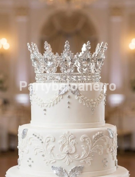 Topper Tort Coronita Argintie cu Cristale Transparente (Metal) 15 cm Un topper decorativ premium pentru tort sub forma unei coronite argintii din metal. Coronita masoara 15x5.5 cm si este ornamentata luxos cu strasuri clare si pietre mari transparente in forma de lacrima