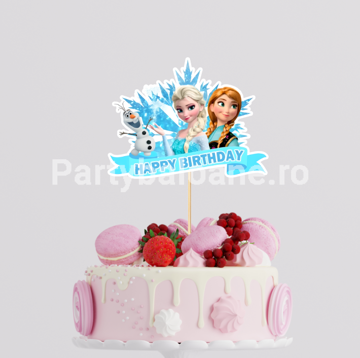 Topper Tort Frozen Elsa Anna si Olaf Happy Birthday 14x11 cm Un topper decorativ din carton premium pentru tortul fetitelor cu tematica Disney Frozen. Topperul prezinta personajele Elsa