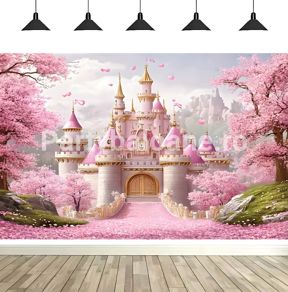 Fundal Foto Castel de Basm – Decor Flori Cireș Fundal foto textil petrecere tema castel de poveste roz