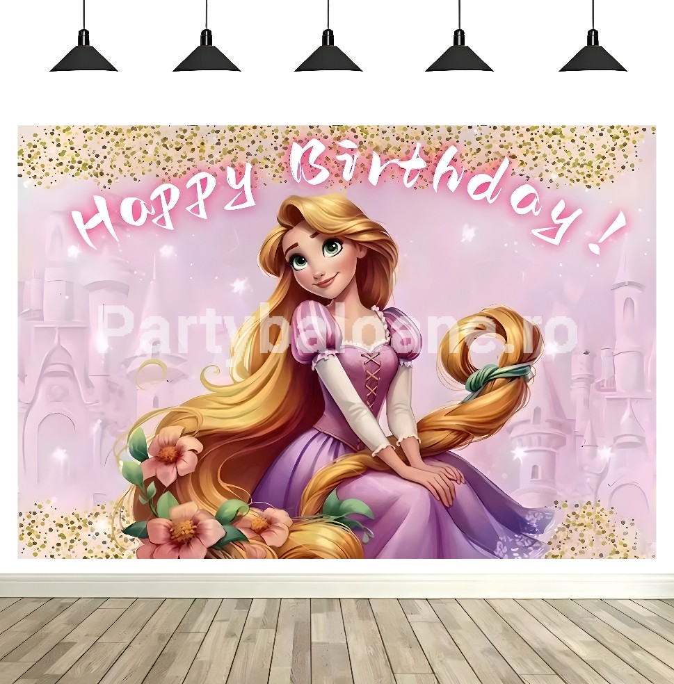 Fundal Foto Rapunzel – Decor Aniversare Fundal foto textil aniversare tematica Rapunzel cu printesa cu par lung