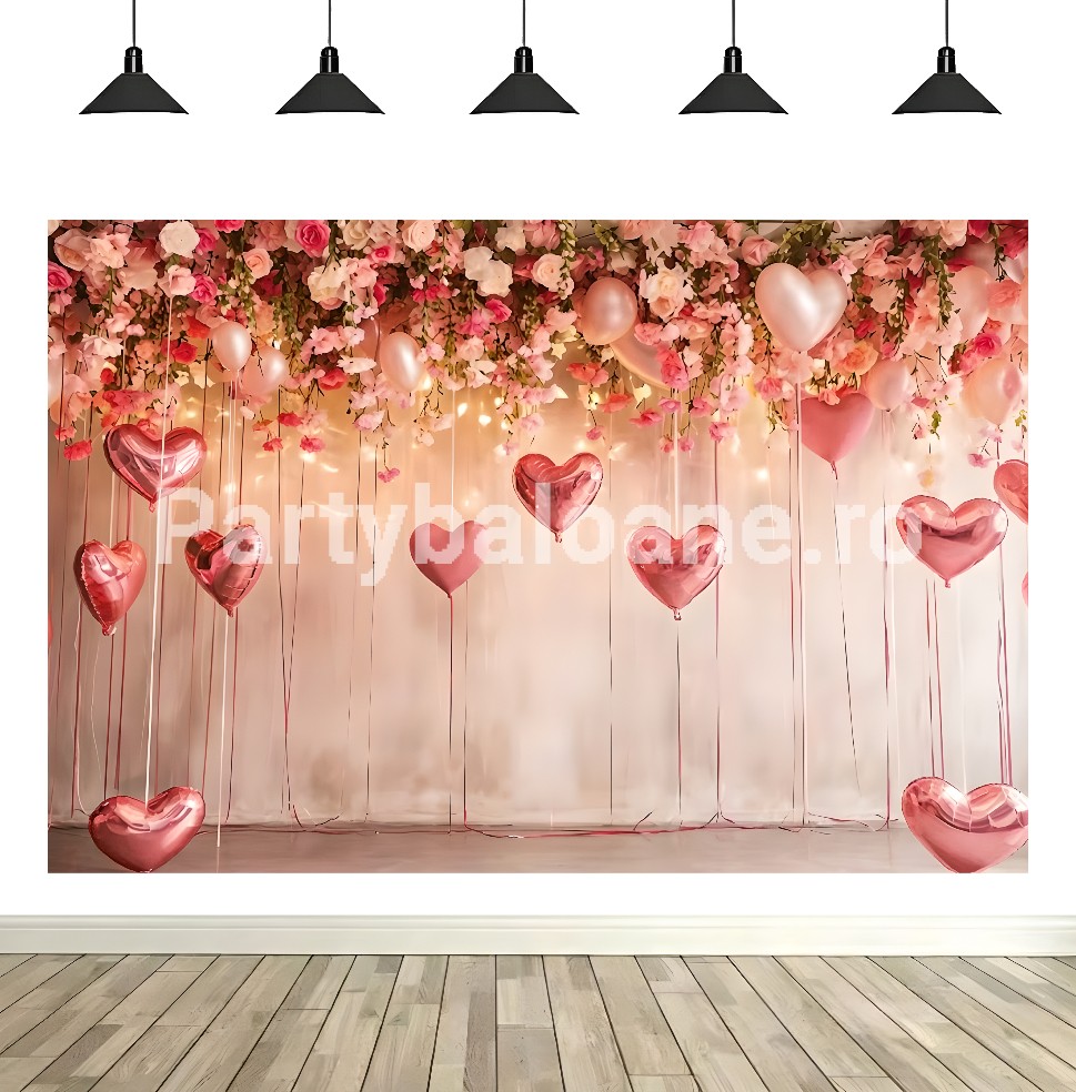 Fundal Textil Inimi si Flori Fundal foto textil decor romantic cu baldachin bogat de flori roz și crem și baloane metalice în formă de inimă roz
