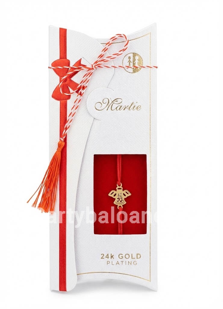 Mărțișor Brățară Îngeraș Placat Aur 24K - Cadou Premium 1 Martie Bratara martisor premium ingeras placat cu aur 24K pe snur rosu in ambalaj de lux alb cu funda rosie