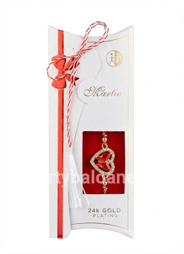 Mărțișor Brățară Inimă și Fluture Placat Aur 24K - Cadou Premium Bratara martisor premium cu pandantiv inima contur cu cristale si fluture rosu in interior placata cu aur 24K pe snur rosu in cutie alba de lux