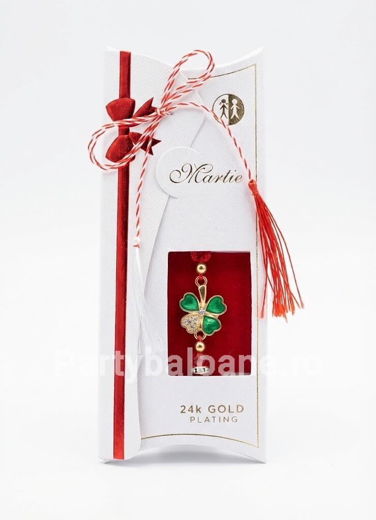 Mărțișor Brățară Trifoi Placat Aur 24K - Cadou Premium 1 Martie Bratara martisor premium trifoi placat cu aur 24K pe snur rosu in ambalaj de lux alb cu funda rosie