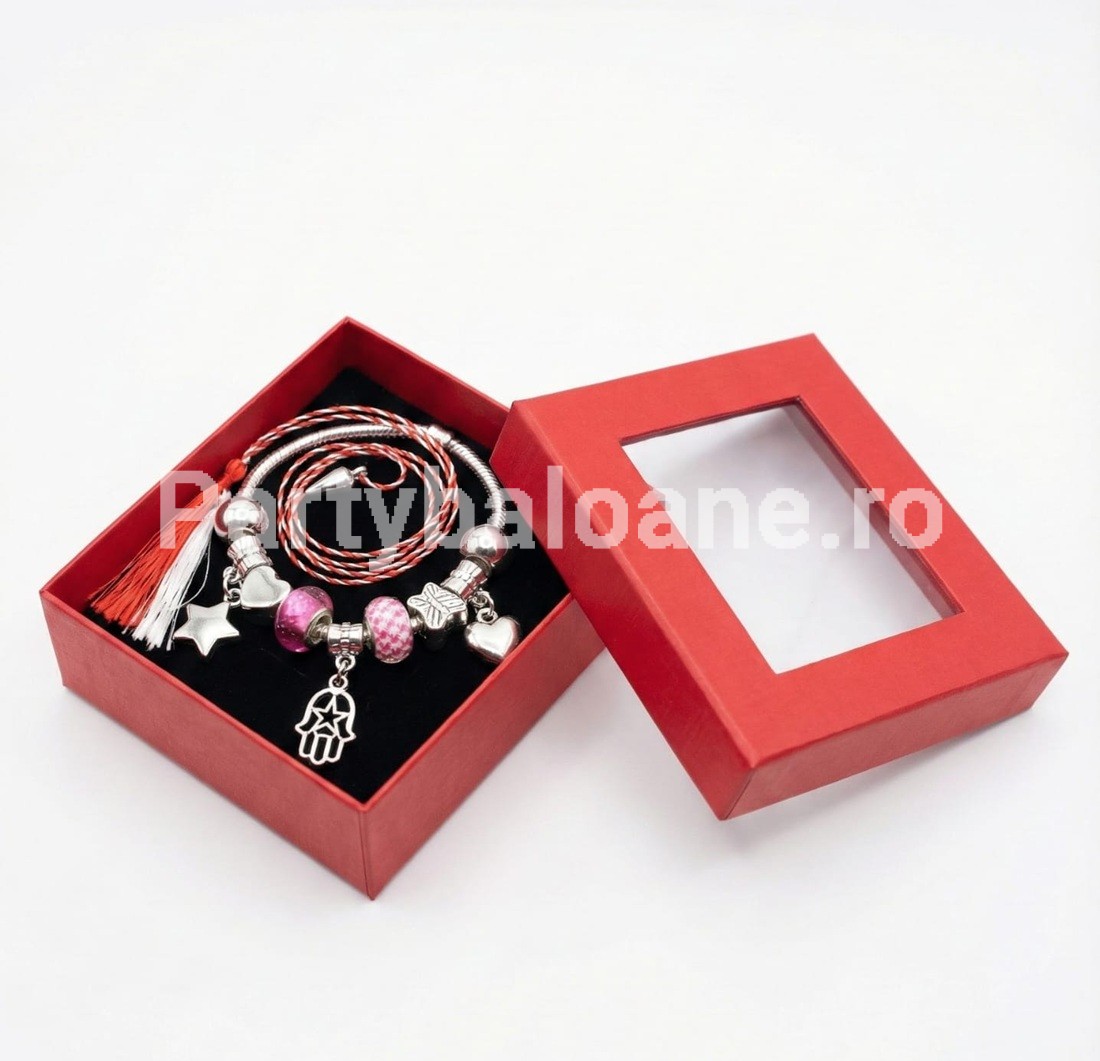 Mărțișor Brățară tip Pandora Roz Premium Cadou 1 Martie în Cutie Set martisor premium bratara argintie tip Pandora cu talismane roz inimi stea si mana lui Fatima in cutie rosie de cadou cu snur