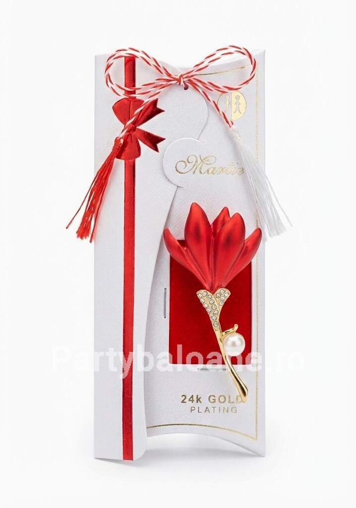 Mărțișor Broșă Magnolie Roșie Placată cu Aur 24K cu Perlă și Email Mat (5