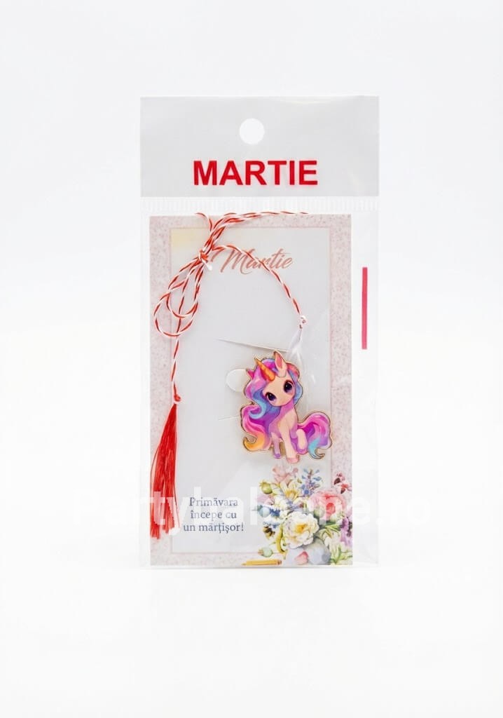 Mărțișor Broșă Unicorn Metalică cu Șnur Tradițional și Ambalaj Festiv – Cadou Elegant de 1 Martie Mărțișor broșă metalică emailată