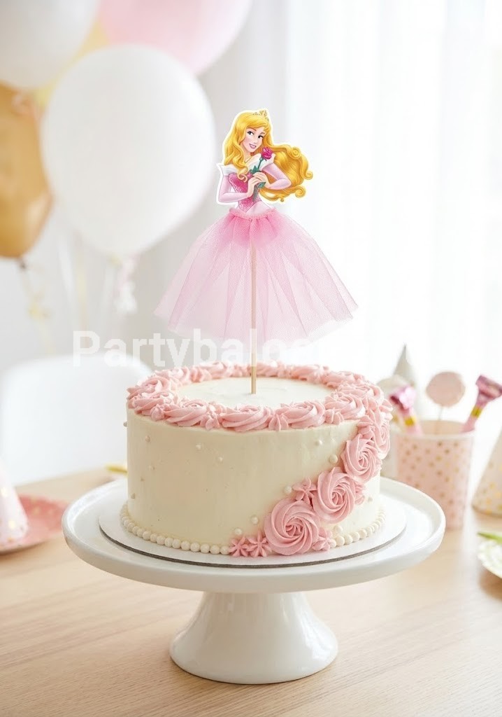 Topper Tort Printesa Aurora Figurina 3D cu Fusta Tull Roz (25 cm) Un topper decorativ 3D premium pentru tort cu tematica Printesa Aurora din Frumoasa din Padurea Adormita. Partea superioara este din carton imprimat