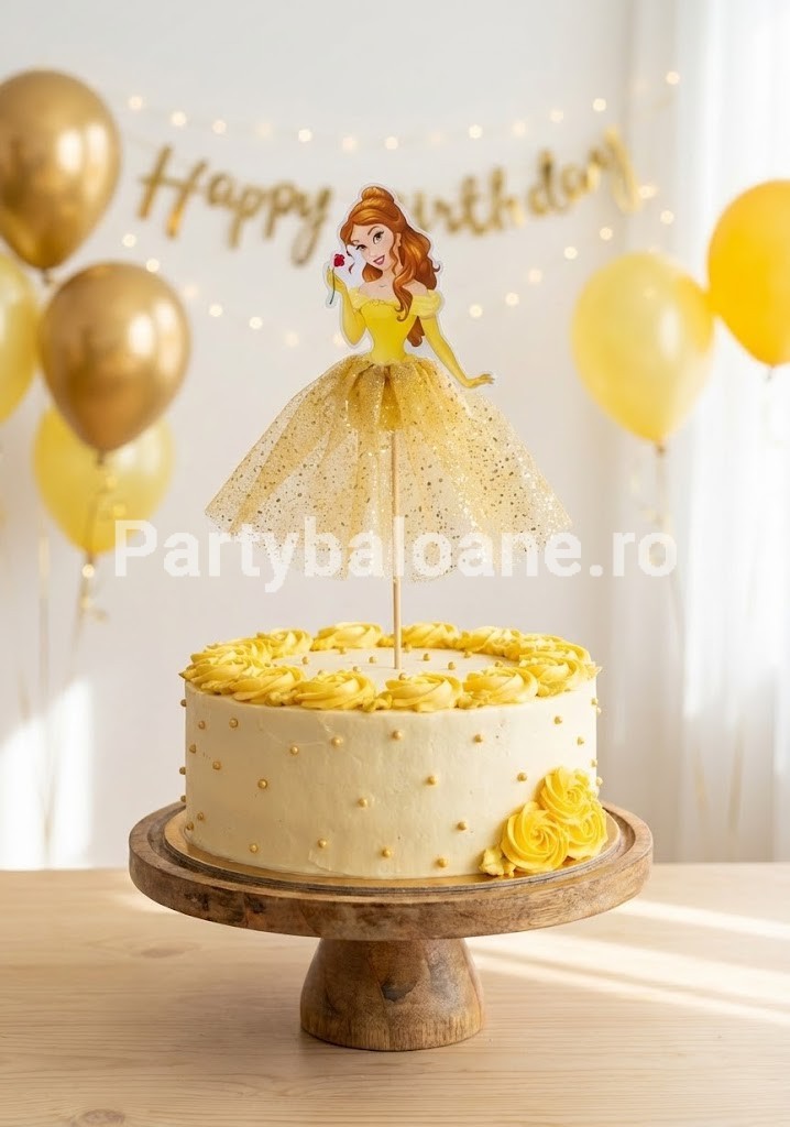 Topper Tort Printesa Belle Figurina 3D cu Fusta Tull Galben (25 cm) Un topper decorativ 3D premium pentru tort cu tematica Frumoasa si Bestia. Partea superioara este din carton imprimat cu Printesa Belle tinand un trandafir rosu. Partea inferioara este o fusta voluminoasa reala din tull galben cu puncte de sclipici auriu. Produsul este asezat pe un tort elegant din crema alba