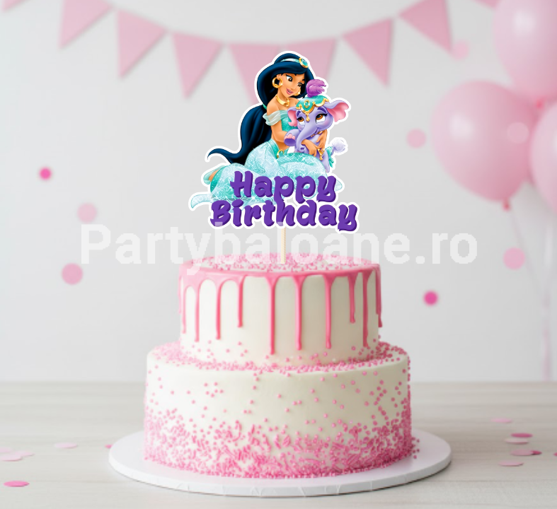 Topper Tort Printesa Jasmine Happy Birthday (Carton) 14x13 cm Un topper decorativ din carton premium pentru tortul fetitelor cu tematica Printese Disney. Topperul prezinta mesajul Happy Birthday cu litere mov si ilustratia Printesei Jasmine in rochita turcoaz