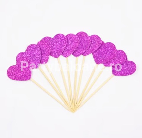 SET 10 TOPPERE CU INIMIOARE - ROZ GLITTER
