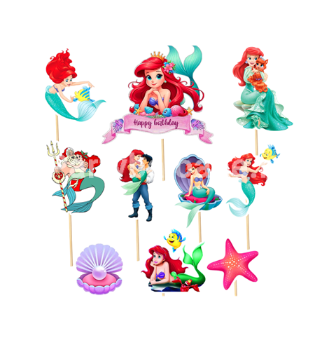 SET 10 Toppere Tort Happy Birthday Sirena Ariel (Mica Sirena / Multicolor) Un set de 10 toppere decorative din carton pentru tort
