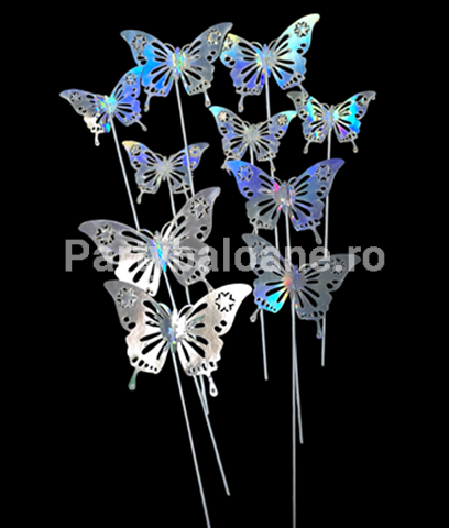 SET 10 TOPPERE PENTRU TORT – FLUTURI ARGINTII HOLOGRAMA