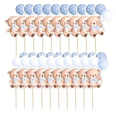 Set 12 Scobitori Decorative Ursulet Albastru cu Baloane – Decor Candy Bar & Cupcakes