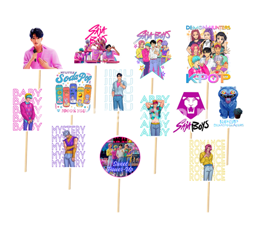 Set Toppere Tort Kpop Demon Hunters & Saja Boys – 13 Piese Happy Birthday Set complet de 13 toppere pentru tort din carton cu tematica Kpop Demon Hunters si Saja Boys