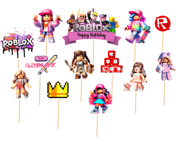 Set Toppere Tort Roblox Fete Roz (13 Piese Gaming) 6-14 cm Un set format din 13 toppere decorative din carton pentru tortul fetelor