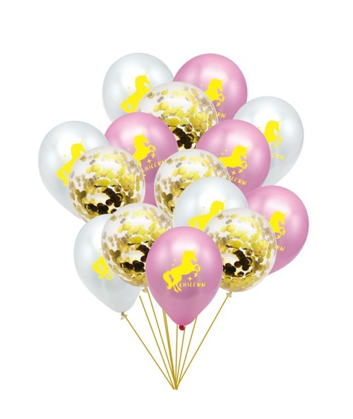 SET 15 BALOANE CU UNICORN SI CONFETTI AURII