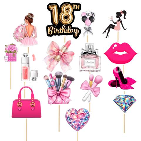 SET 15 Toppere Tort Majorat 18th Birthday Girl Makeup Roz Un set de 15 toppere decorative din carton pentru tortul de majorat