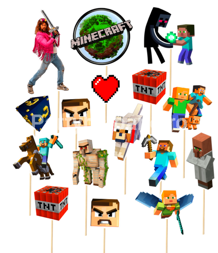 Set Toppere Tort Minecraft (16 Piese Gaming) 6 - 14 cm Un set format din 16 toppere decorative din carton pentru tortul copiilor