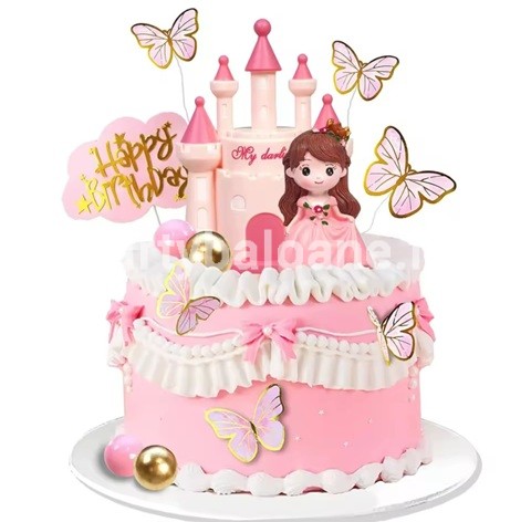 Set 19 Toppere Tort Prințesă 3D și Castel – Fluturi și Bile (TOP 56) Un tort roz cu volănașe albe din cremă