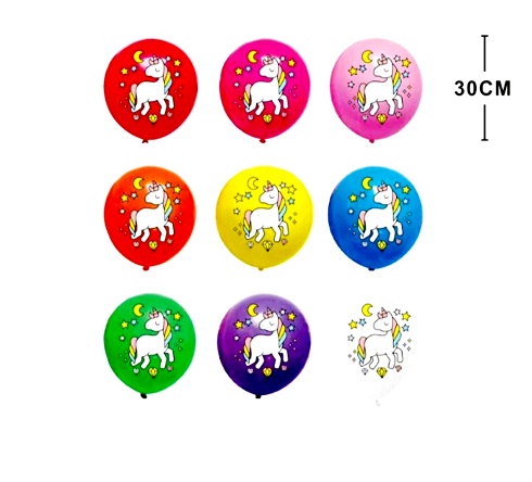 SET 20 BALOANE MULTICOLORATE CU IMPRIMEU UNICORN SI STELUTE - 30 CM