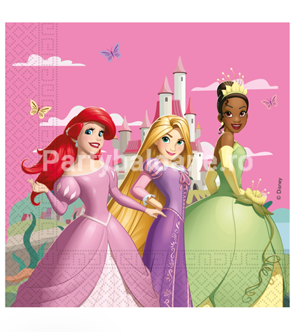 Șervețele Party Prințesele Disney (Set 20 buc) - Decor Masă Aniversare 33x33cm Set 20 servețele party din hârtie cu imprimeu Prințesele Disney dimensiune 33x33 cm pentru aniversari fetițe.