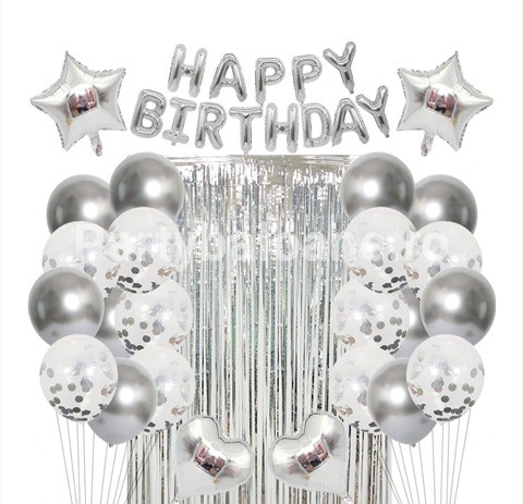 SET 24 BALOANE CU BANNER HAPPY BIRTHDAY SI PERDEA FOLIE - ARGINTIU