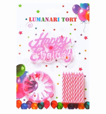 SET 24 LUMANARI PENTRU TORT CU DECORATIUNE HAPPY BIRTHDAY ROZ