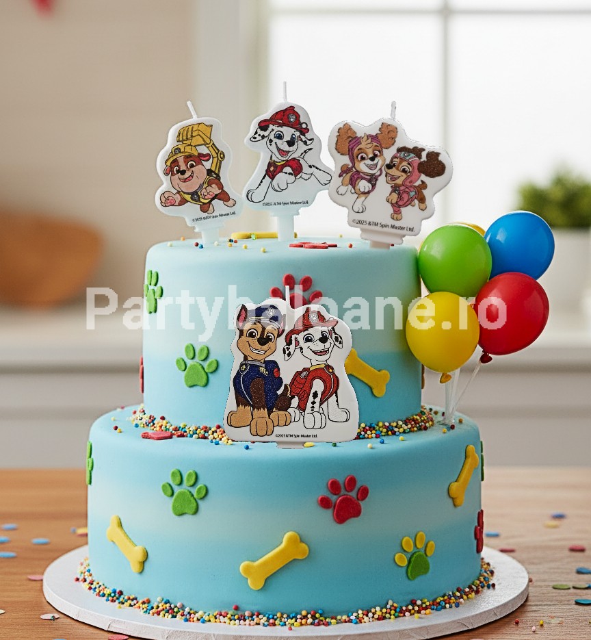 Set 4 Lumanari Tort Tematica Patrula Catelusilor Set de patru lumanari aniversare cu personajele din Patrula Catelusilor si tije de fixare din plastic