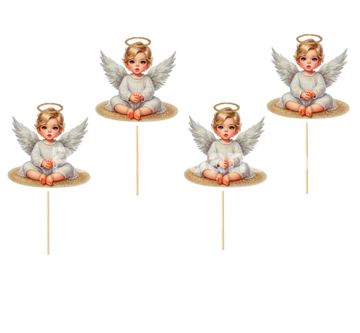 SET 4 Toppere Tort Ingeras Botez (Set 4 bucati / Asezat) 14 x 6 cm Un set de 4 toppere decorative din carton pentru tortul de botez sau candy bar. Imaginea prezinta 4 ingerasi adorabili si identici