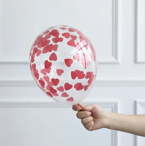 SET 5 BALOANE LATEX TRANSPARENTE CU CONFETTI INIMI ROSII 30 CM
