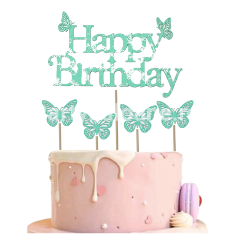Set 5 Toppere Carton Fluturi Turcoaz (Tiffany Blue) 14x9.2 cm Set de 5 toppere din carton pentru tort. Contine mesajul Happy Birthday incadrat de fluturi