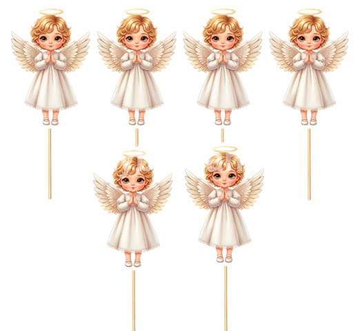 Toppere Tort Ingeras (Alb Auriu / Set 6 bucati) 14 x 4 cm Un set de 6 toppere decorative din carton pentru tortul de botez sau candy bar. Imaginea prezinta 6 ingerasi adorabili si identici