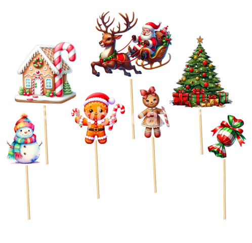 Set 7 Toppere Tort Tematica Craciun (Mos Craciun / Sarbatori de Iarna) Un set de 7 toppere decorative din carton pentru tortul de Craciun. Imaginea include pe Mos Craciun in sanie trasa de reni