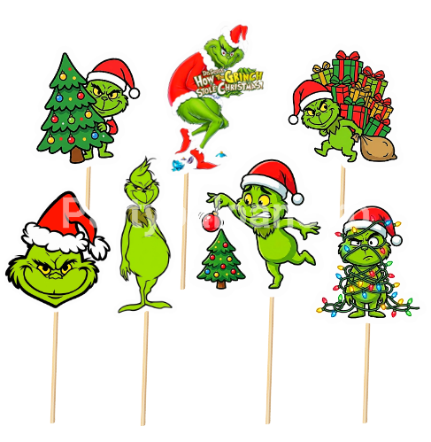 Set 7 Toppere Tort Grinch Craciun (Carton) Un set amuzant de 7 toppere din carton pentru decorarea tortului de Craciun sau a candy bar-ului