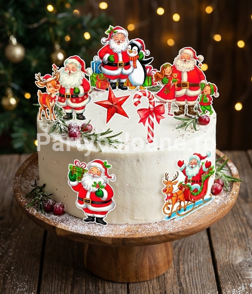 Set 7 Toppere Tort Mos Craciun cu Copii (Carton) 8-15 cm Un set traditional de 7 toppere din carton pentru decorarea tortului de Craciun. Figurinele cu un aer vintage il ilustreaza pe Mos Craciun in ipostaze calde