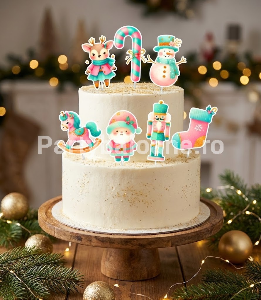 Set 7 Toppere Tort Craciun Pastel (Carton) 8-15 cm Un set vesel de 7 toppere din carton pentru decorarea tortului de Craciun in culori pastelate