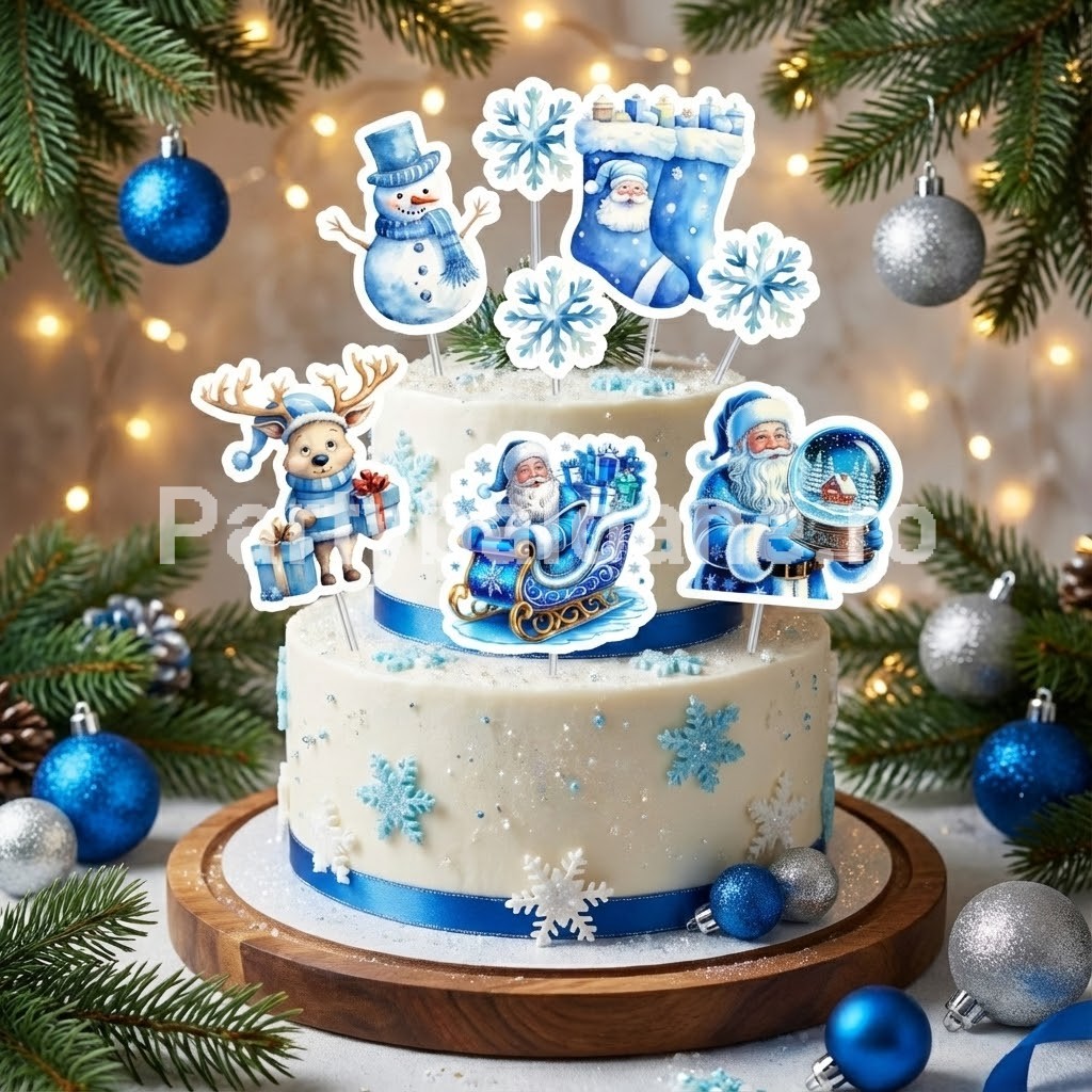 Set 8 Toppere Tort Craciun Albastru de Gheata (Carton) 8-15 cm Un set magic de 8 toppere din carton pentru decorarea tortului cu tematica de Craciun in nuante de albastru si alb. Figurinele ilustreaza 2 fulgi de nea
