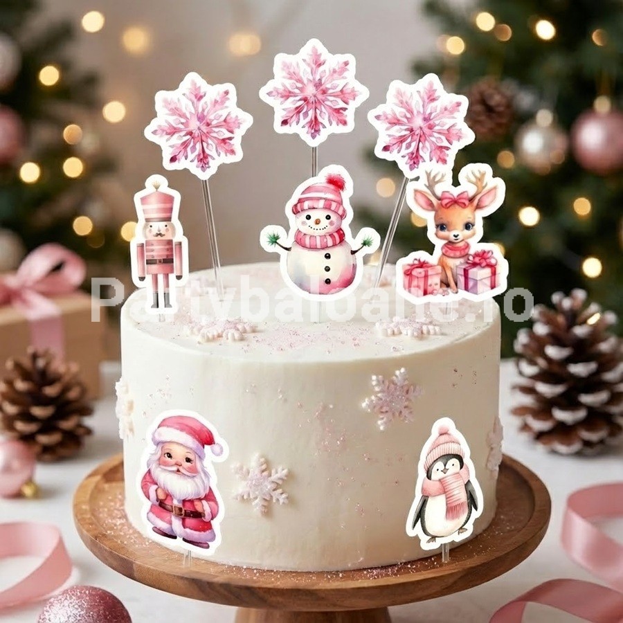 Set 8 Toppere Tort Craciun Roz Pastel (Carton) 8-15 cm Un set festiv de 8 toppere din carton pentru decorarea tortului cu tematica de Craciun in nuante de roz pastel. Figurinele ilustreaza 3 fulgi de nea