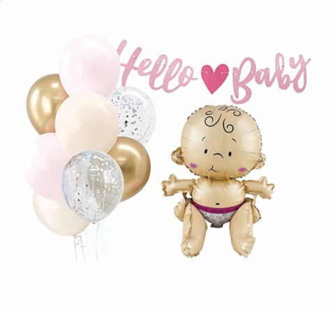 SET 9 BALOANE CU BANNER HELLO BABY ROZ